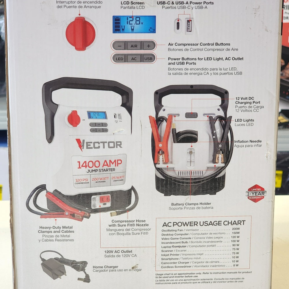 1400A Jump Starter, Compressor, USB and AC Power (VECJ14C) 1400A Jump Starter, Compressor, USB and AC Power (VECJ14C)